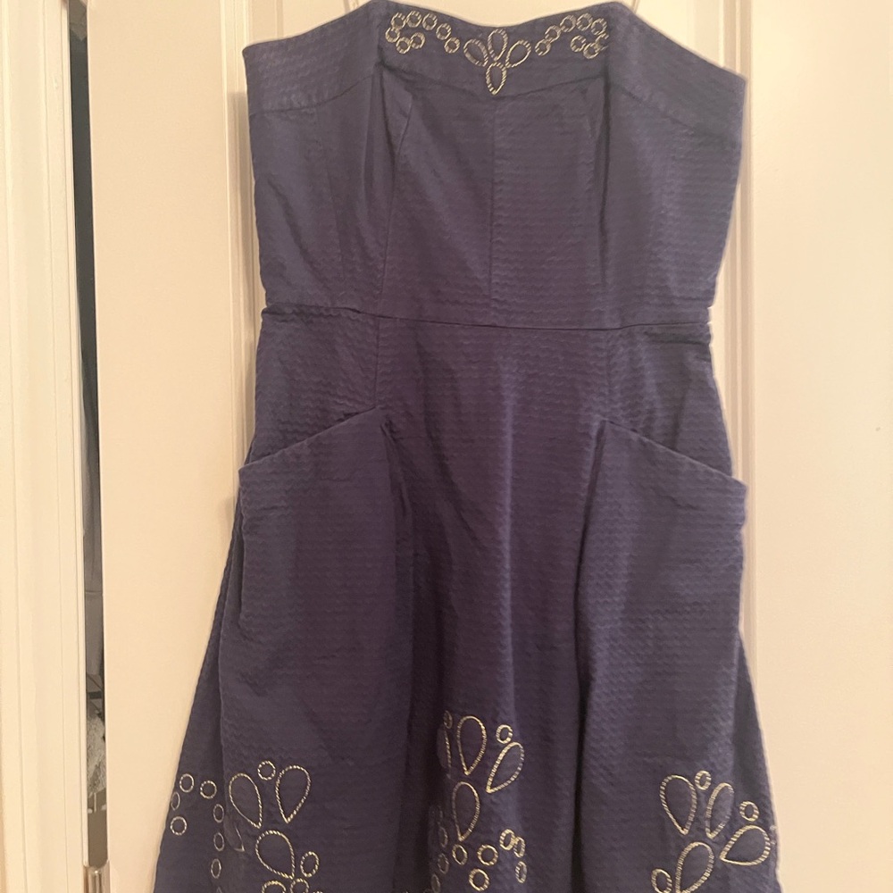 Lilly Pulitzer Size 2 Navy and Gold Strapless Dress